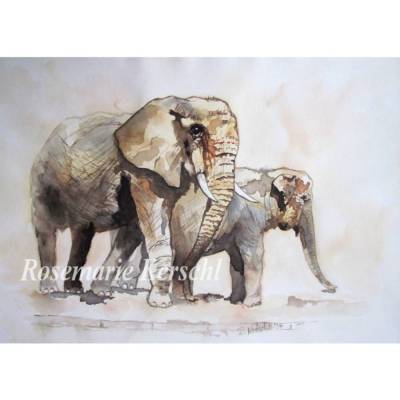 Elefanten Aquarellbild handgemalt 32 x 50 cm Querformat