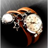 Armbanduhr,Wickeluhr, Damenuhr, Kunstleder,  Uhr, Feder und Stern Bild 1