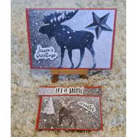 Weihnachtskarte mit Gutscheinverpackung " Seasons Greetings " Elch , Stern , Hirsch , Baum Bild 1