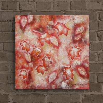 FROSTED AUTUMN LEAVES -  abstraktes Acrylbild mit Blättern, versehen mit irisierendem Glitter