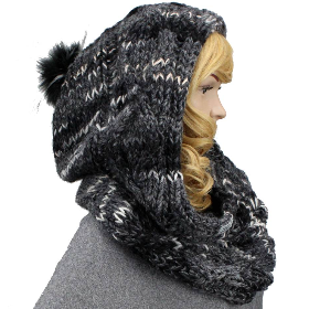 Kapuzenloop exklusiv mit Kunst-Fell-Bommel Schal XXL handgestrickt grau schwarz