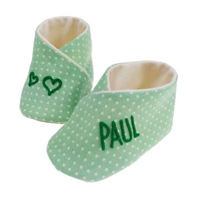 Babyschuhe Punkte mit Namen grün personalisiertes Taufgeschenk Geschenk Geburt eines Jungen