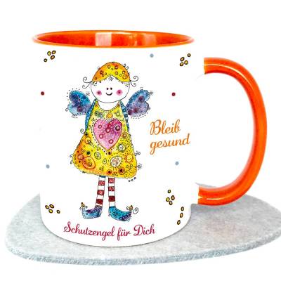 Restposten - Tasse Schutzengel mit Spruch: Bleib gesund, Geschenk Mädchen, Becher orange