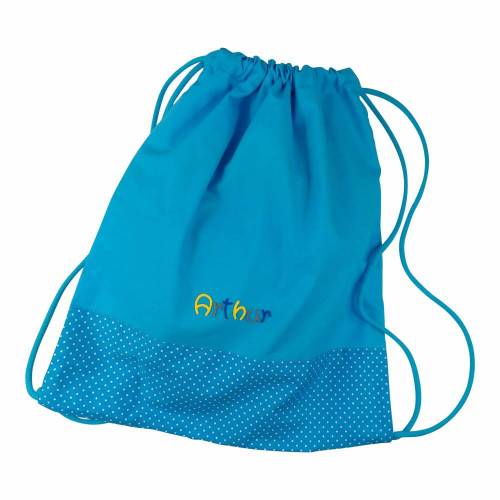 Sportbeutel Turnbeutel Punkte blau mit Namen - Feizeitbeutel personalisiert für Kinder Junge und Mädchen Freitzeitasche