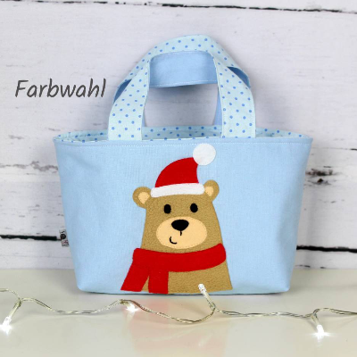 Kindertasche ~ Bär mit Weihnachtsmütze | Wendetasche | Personalisiert | Geschenke für Kinder | Mädchen | Junge