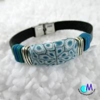 Handgearbeitete Schiebeperlen blau Mosaik echt Leder Armband  in Wunschlänge ART 4169 Bild 1