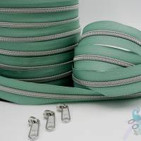1m endlos Reißverschluss inkl. 3 Zippern - breit metallisiert mint - silber