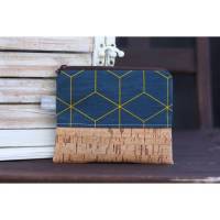 Kosmetiktasche S GRETA dunkelblaue Baumwolle mit braunem Kunstleder in geometrischem Muster Bild 1