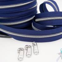 1m endlos Reißverschluss inkl. 3 Zippern - breit metallisiert dunkelblau - silber