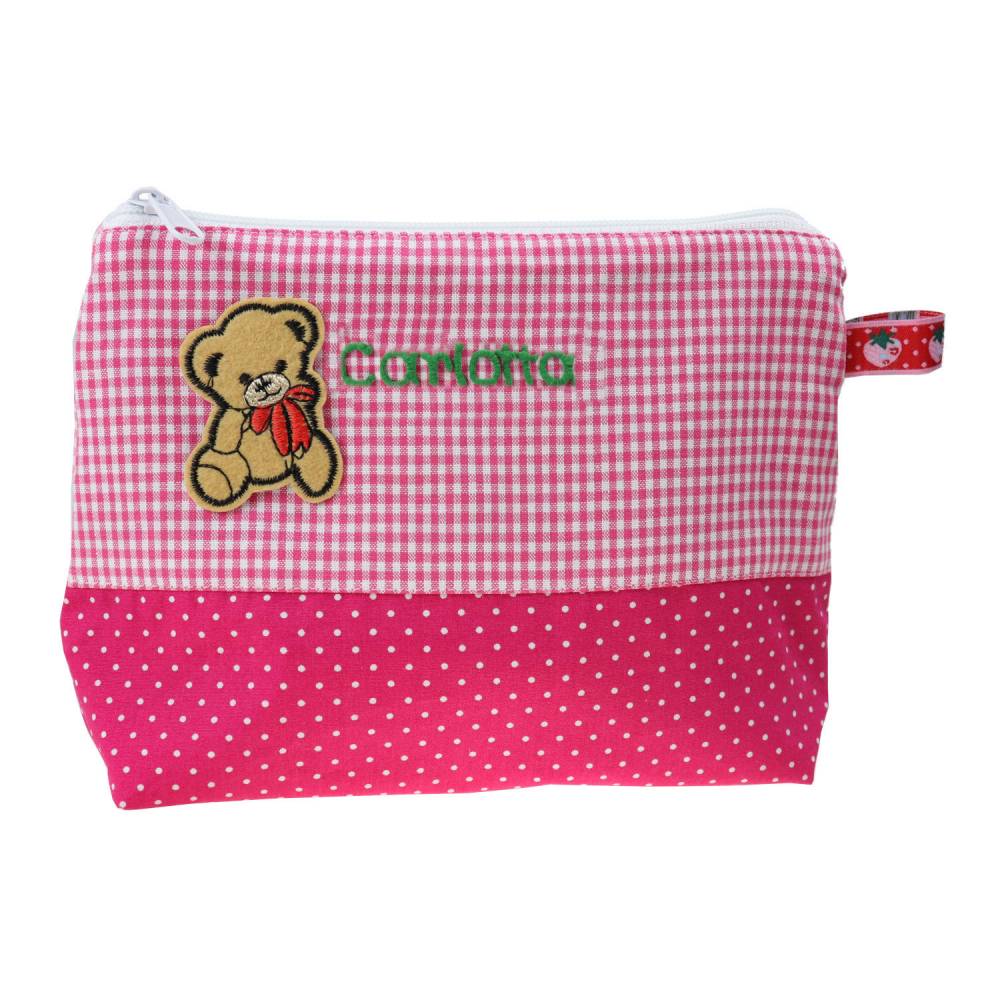 Kulturbeutel Teddybär Pink 21x16cm mit Namen für Mädchen - personalisierte Kulturtasche Waschtasche Bär für Kinder Bild 1
