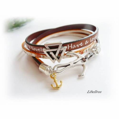 Wickelarmband aus Leder mit Schriftzug: Have a lovely day und Slider Dreieck und Ankeranhänger,Lederarmband,maritim,