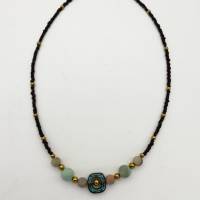 Edelstein Perlen-Halskette in braun gold türkis 44 cm plus Verlängerungskette Bild 5
