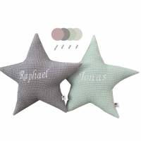 Sternenkissen aus Waffelpiquet mit Namen personalisiert in Pastellfarben Bild 1
