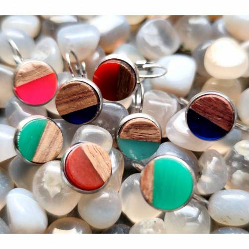 Ring, Edelstahlohrringe mit Holz-Harzcabochon, Farbauswahl