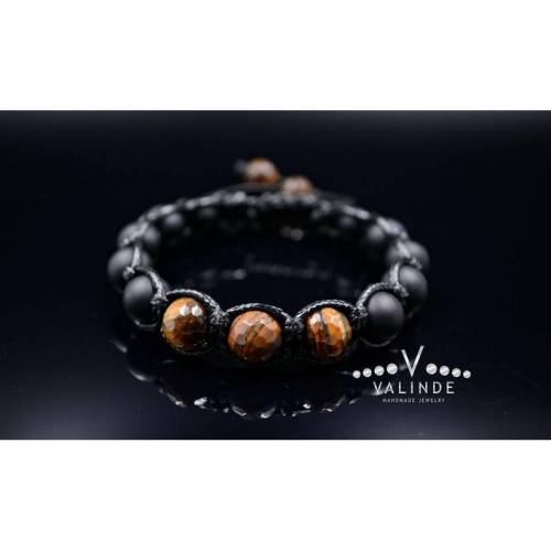 Herren Edelsteinen Armband aus Onyx und Tigerauge mit Knotenverschluss, Makramee Armband, Geschenk für Mann, 10 mm