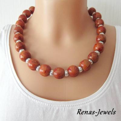 Holzkette rotbraun silberfarben Holzperlen Kette Afrika Perlenkette Holzperlenkette Handgefertigt