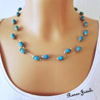 Edelstein Kette Türkis zweireihig Edelsteinkette Perlen blau silberfarben Türkiskette Bild 4
