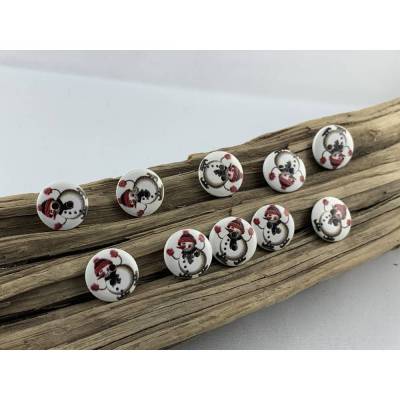 10 weiße Knöpfe mit aufgedruckten schlittschuhlaufenden Schneemännern * Holzknöpfe * Holz * 15mm * Scrapbooking * Motivk