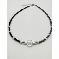 Glas-Perlen-Halskette silber schwarz anthrazit 43 cm plus Verlängerungskette Bild 1