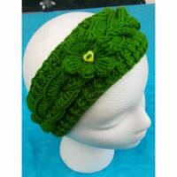 Stirnband gehäkelt grün mit Blume und Knopf Handmade Bild 1