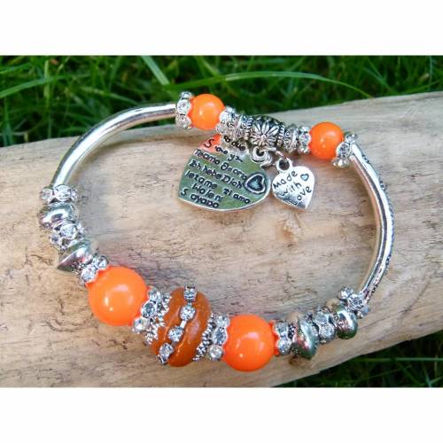 Modulperlen-Armband mit oranger Glitzer-Perle * silberfarbenes Armband * Adventskalenderfüllung * Mitbringsel * Gastgesc