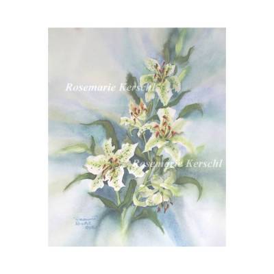 Weiße Lilien Aquarellbild handgemalt in weiß gelb braun Blau- und Grüntönen 48 x 36 cm in Hochformat