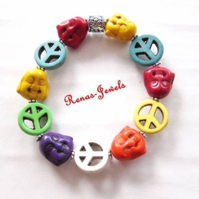Edelstein Armband Howlith Buddha Hippie bunt Perlen Edelsteinarmband