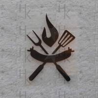Bügelbild - Grillen (Logo) - Wurst, Feuer, Zange, Gabel - viele mögliche Farben Bild 1