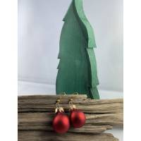 2 cm, rote, matte Weihnachtskugel-Ohrringe "X-Mas" aus Glas * Weihnachtsohrringe * Weihnachtskugelohrringe * Chr Bild 1