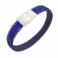 gestricktes Armband aus blauem Kupferdraht mit Edelstahl Magnetschließe und inliegendem metallic-blauen Lederband Bild 1