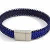 gestricktes Armband aus blauem Kupferdraht mit Edelstahl Magnetschließe und inliegendem metallic-blauen Lederband Bild 4