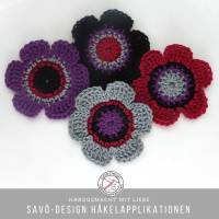 4 Häkelblumen , gehäkelte Blüten zum aufnähen, Häkelapplikationen Blume violett grau, Häkelblüten Bild 1