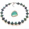 Edelstein Kette Jaspis Perlen grün silberfarben Edelsteinkette Collier Rauten Bild 2