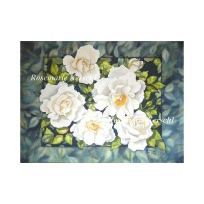 *Weiße Königin der Rosen* Aquarellbild handgemalt in ocker gelb und verschiedenen Blau- und Grüntönen 50 x 70 cm