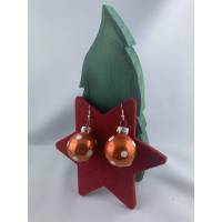 3cm orangene / bronzefarbene glänzende Weihnachtskugel-Ohrringe, kleine weiße Punkte * Weihnachtsohrringe * Christbaumku Bild 1