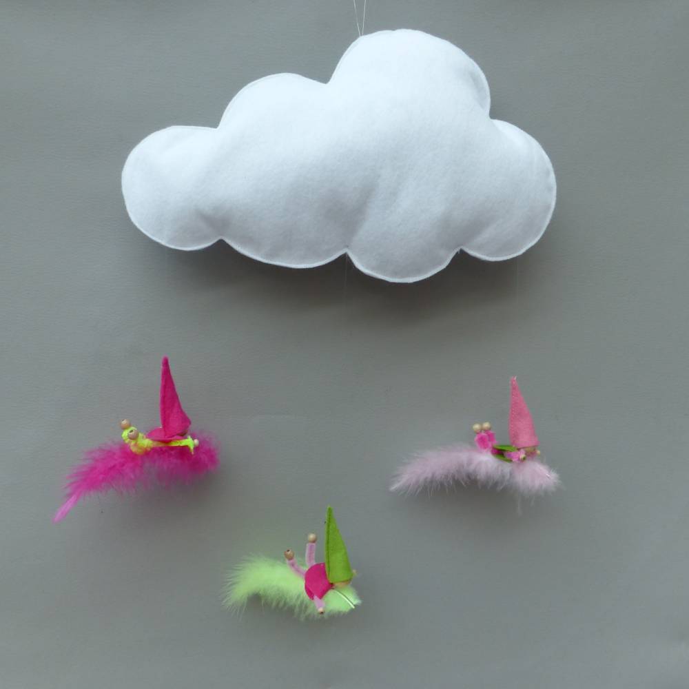 Baby-Mobile Wolke mit Wichtel-Zwergen auf Feder, Geschenk Geburt, Taufe Bild 1