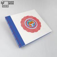 Japanbindung, Orangenpapier, rot blau weiß, 100 g/m² Recycling-Papier, 21 x 22,5 cm, handgefertigt Bild 1