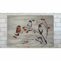 Leinwandbild "Dompfaffe auf Hagebuttenzweigen"  60cm x 40cm - Kunst Malerei Vogelbild Original Acryl Bild 1
