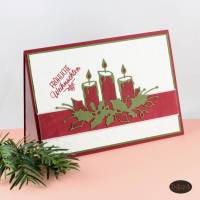 Weihnachtskarte mit Kerzen-Gesteck - rot grün weiß - rotes breites Band Bild 1