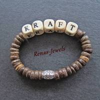 Holzarmband Holzperlen Armband Kokosnuss Perlen braun beige Würfel "KRAFT" Bild 1