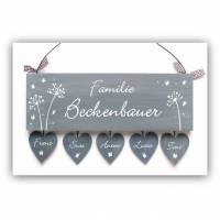 Türschild aus Holz für Familien personalisiert mit Namen und Herzanhänger. Holzschild mit Pusteblumen und Schmetterlinge Bild 1