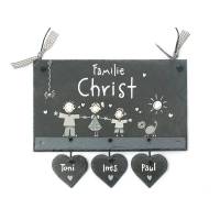 Türschild aus Schiefer für Familien personalisiert mit Namen, Schieferschild mit Herzanhänger, Namensschild in grau. Bild 1