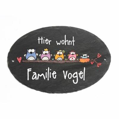 Ovales Türschild aus Schiefer für Familien mit Namen und Eulen personalisiert, geniales Hochzeitsgeschenk