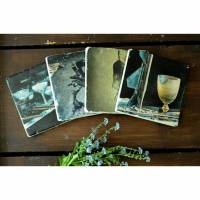 4x retro Glühbirne Bügeleisen Untersetzer aus Travertin, Stein Fliese, handmade coaster Bild 1