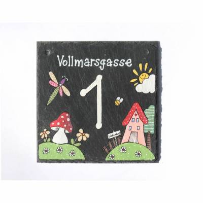 handgemachte Hausnummer auf Schiefer, wetterfestes Hausnummernschild mit Straßenname und Zahl personalisiert