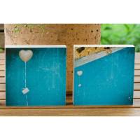 Herz, Liebe, Hochzeit, Luftballon, Himmel, 2er Set, Foto auf Holz, im Quadrat, 10 x 10 cm Bild 1