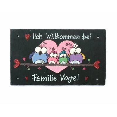 Willkommensschild aus Schiefer für Familien personalisiert mit Namen und Eulen. Schieferschild, Haustürschild Familie