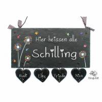Türschild Pusteblume aus Schiefer, Schieferschild Familie mit Name personalisiert, Familienschild mit Herzanhänger Bild 1
