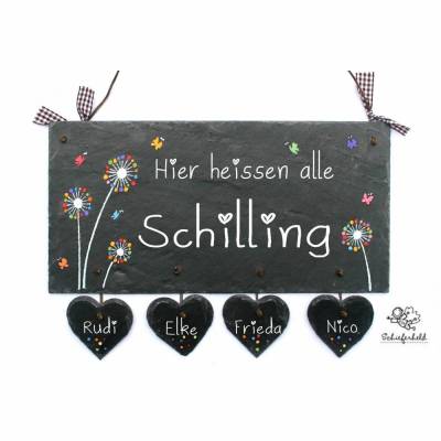 Türschild Pusteblume aus Schiefer, Schieferschild Familie mit Name personalisiert, Familienschild mit Herzanhänger