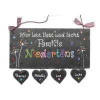 Schieferschild Familie mit Herzanhänger, Türschild Schiefer mit Pusteblumen, Haustürschild mit Namen personalisiert Bild 1